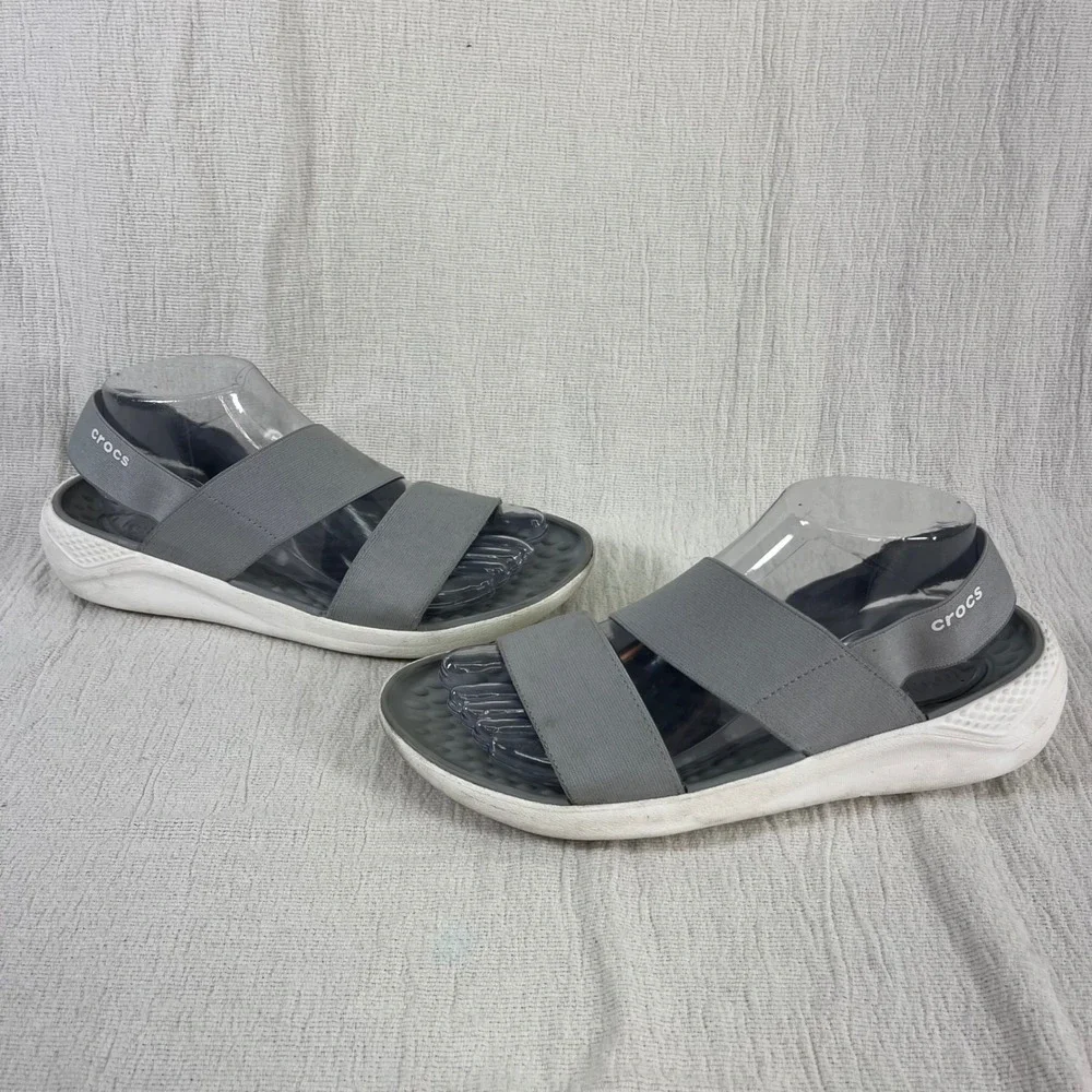 Crocs Women's Literide Grey Elastic Strap Comfort Sandals sz 9 Vacation Beach